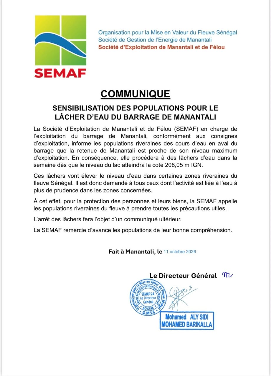Communiqué : lâchers d'eau du barrage de Manantali, la SEMAF appelle les riverains à la prudence.